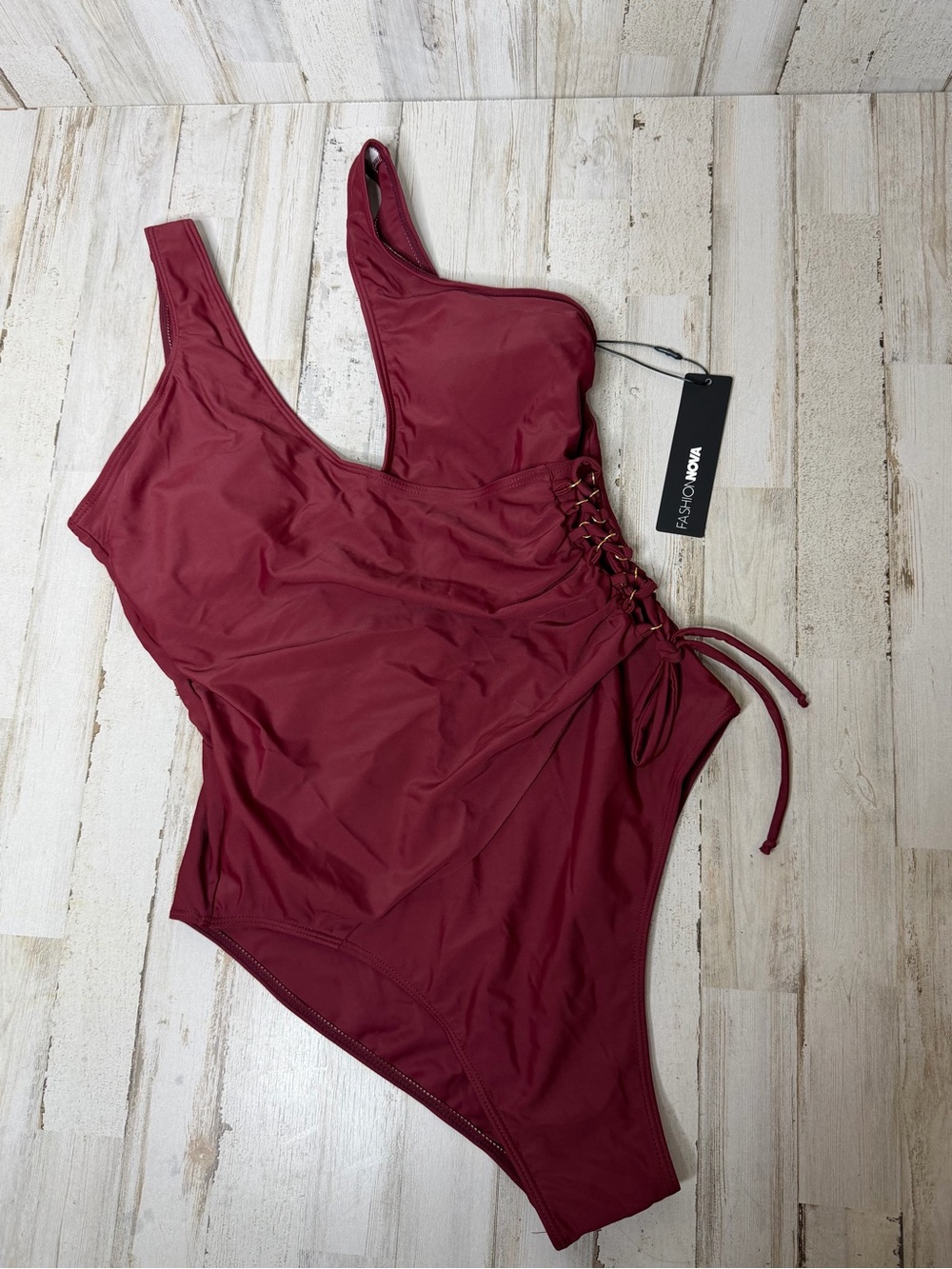 Fashion Nova Wine Red Lace-Up One-Piece Swimsuit